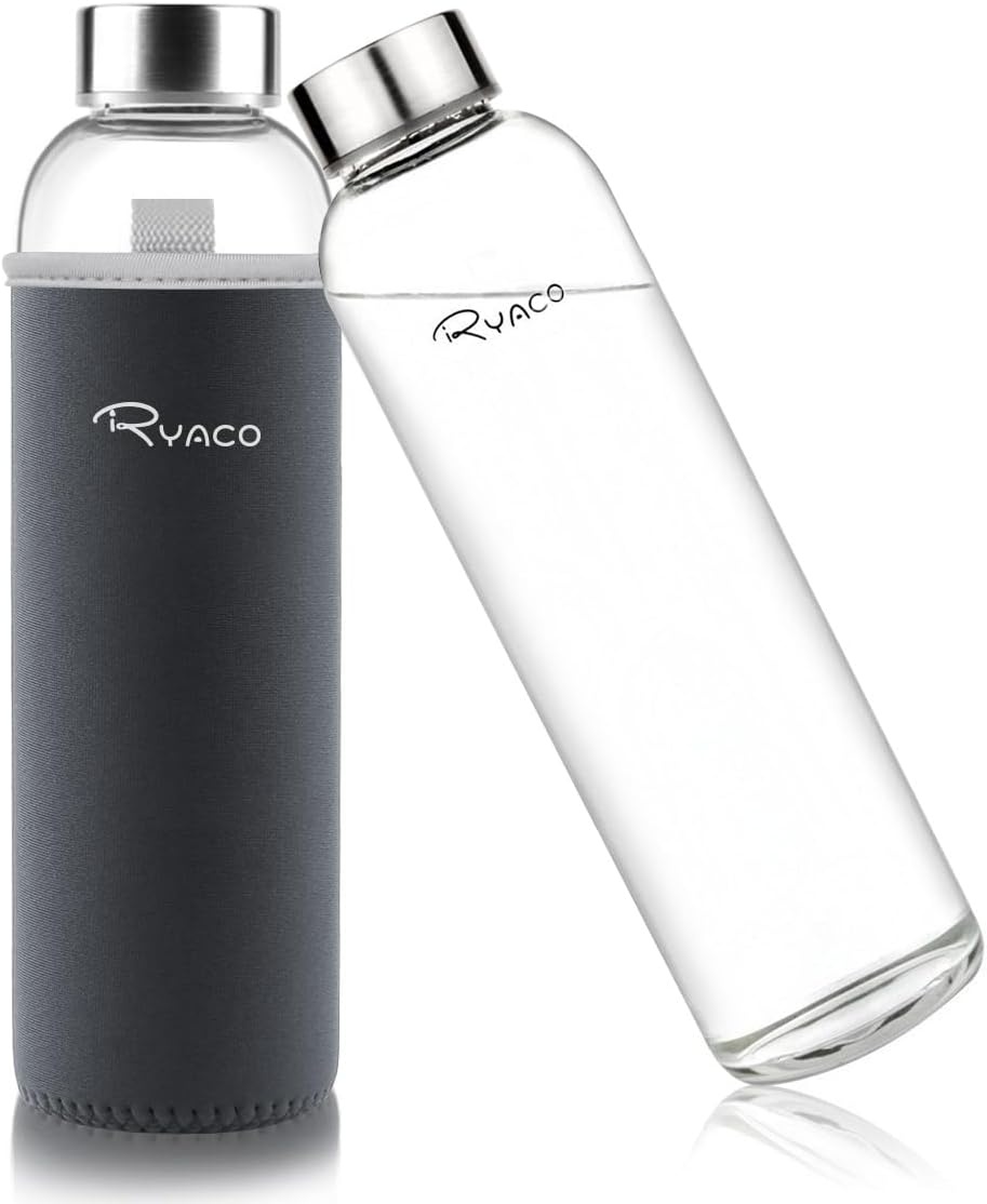 Ryaco Glazen Waterfles 550ml BPA-vrij, Lekvrij Borosilicaat Glas - Grijs
