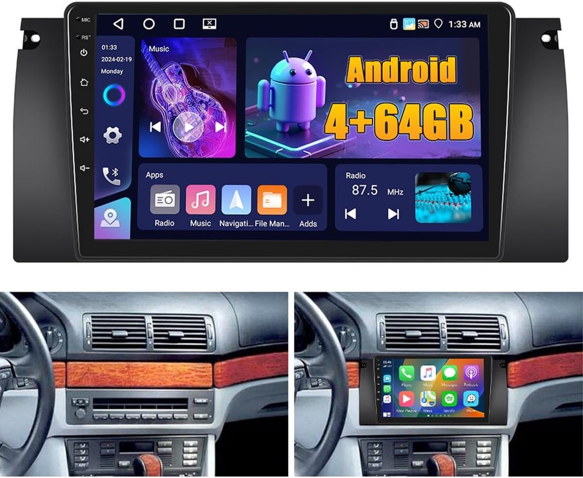 4+64G Android Autoradio voor BMW 5 E39 E53 M5 X5 1996-2007 met Wireless Carpaly&Android Auto, 9'' IPS Touch Screen Radio met Bluetooth 5.0/GPS/Achteruitrijcamera/FM/WiFi/SWC