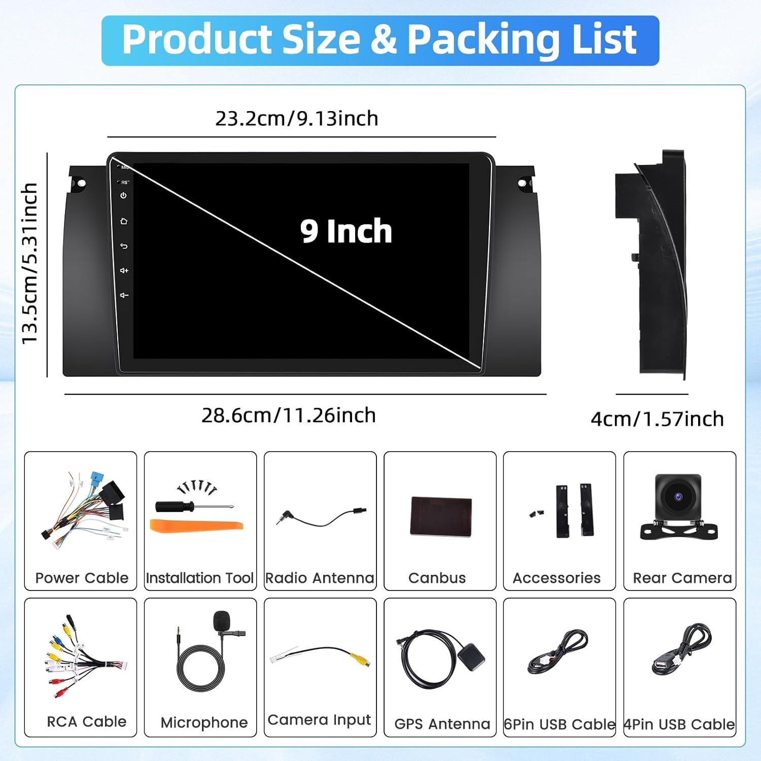 4+64G Android Autoradio voor BMW 5 E39 E53 M5 X5 1996-2007 met Wireless Carpaly&Android Auto, 9'' IPS Touch Screen Radio met Bluetooth 5.0/GPS/Achteruitrijcamera/FM/WiFi/SWC