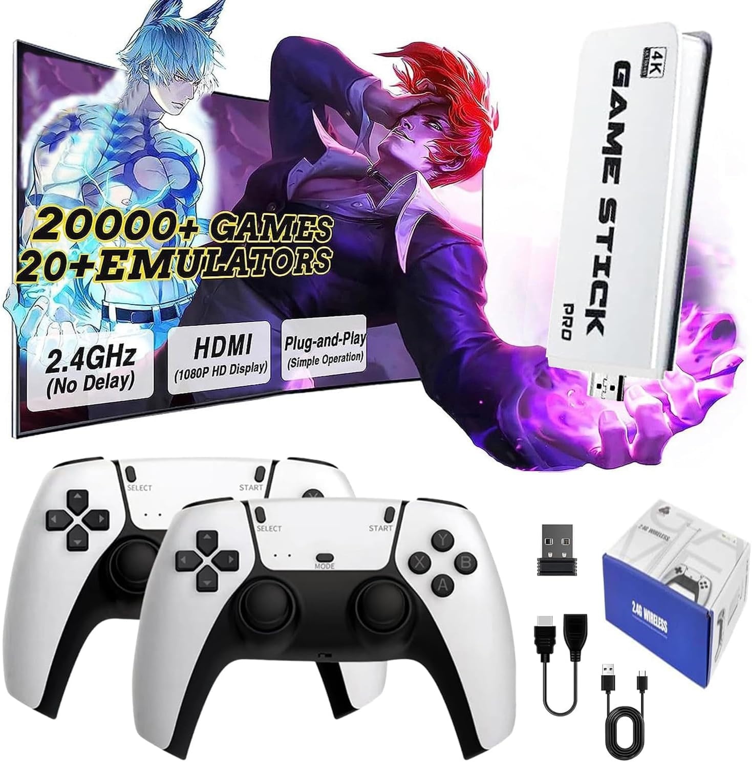2025 Upgrade retro console gamesticks, gameconsole, 22.000+ klassieke games met 2 draadloze controllers, HDMI plug & play voor tv, cadeau voor volwassenen jongens (upgrade Pro)
