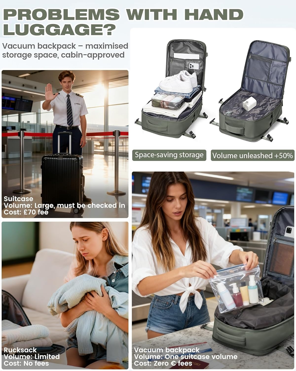 SZLX Ryanair handbagage rugzak met vacuümsysteem - Olijfgroen
