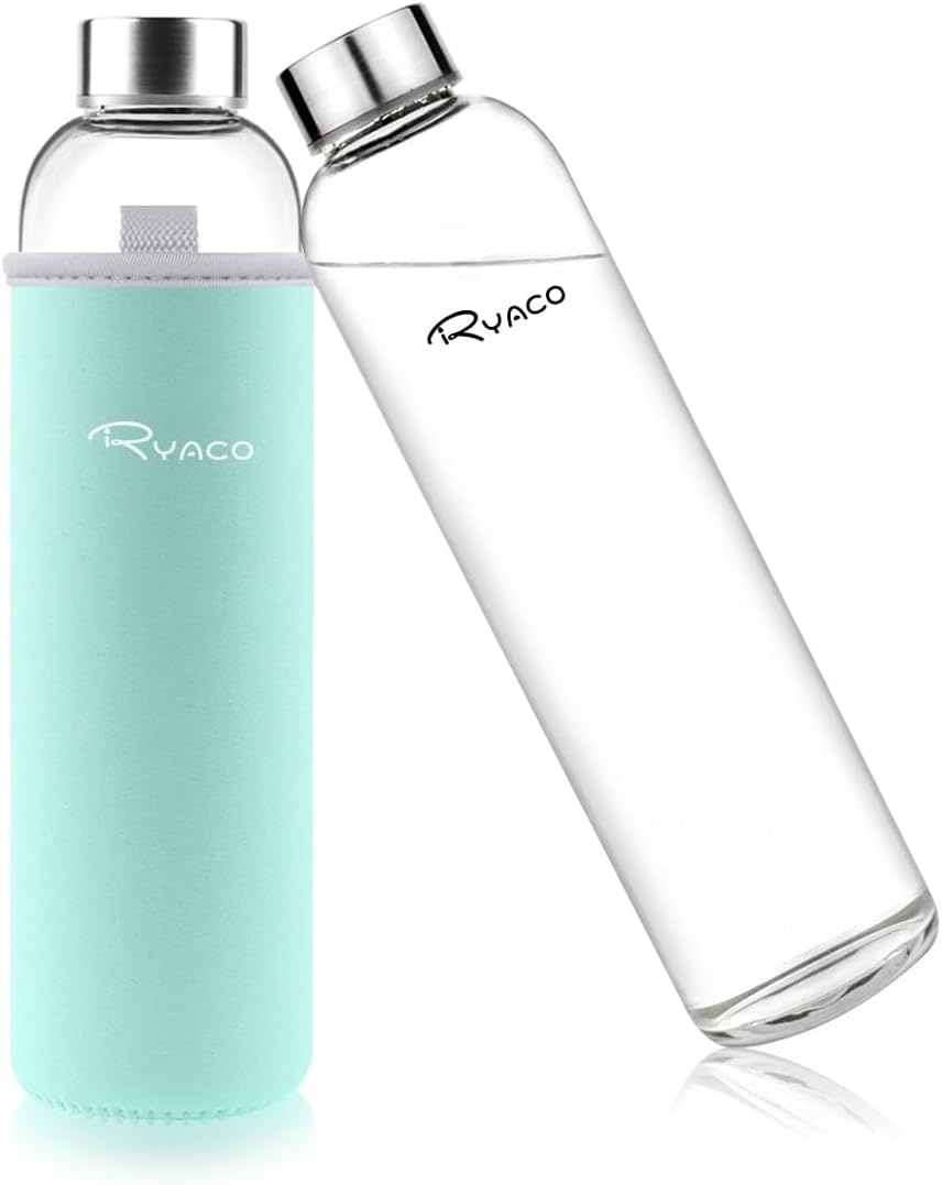 RYACO Klassieke glazen drinkfles 750ml / 25oz, mintgroen, BPA-vrij, met neopreen hoes en borstel
