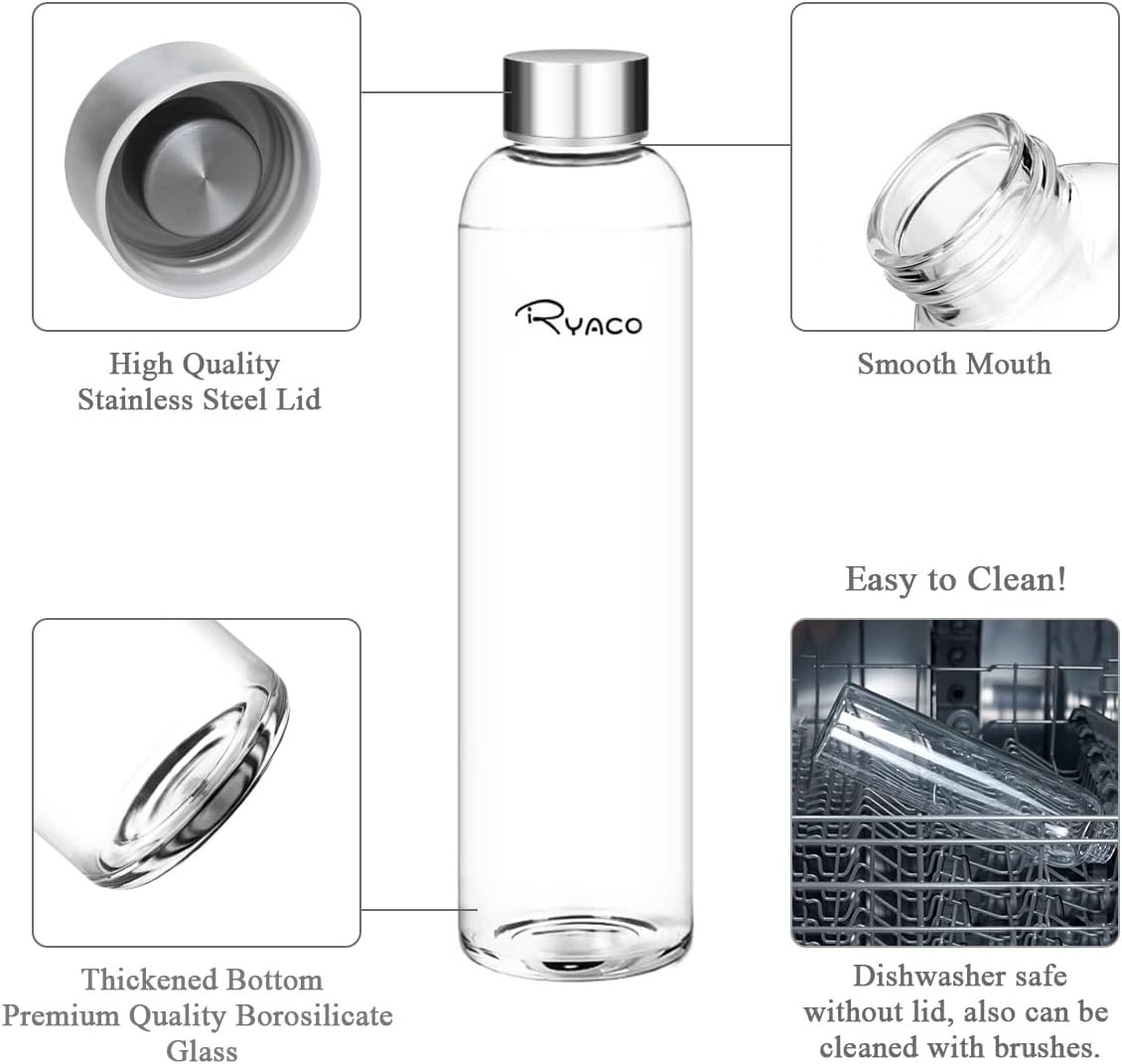 RYACO Klassieke glazen drinkfles 750ml / 25oz, mintgroen, BPA-vrij, met neopreen hoes en borstel