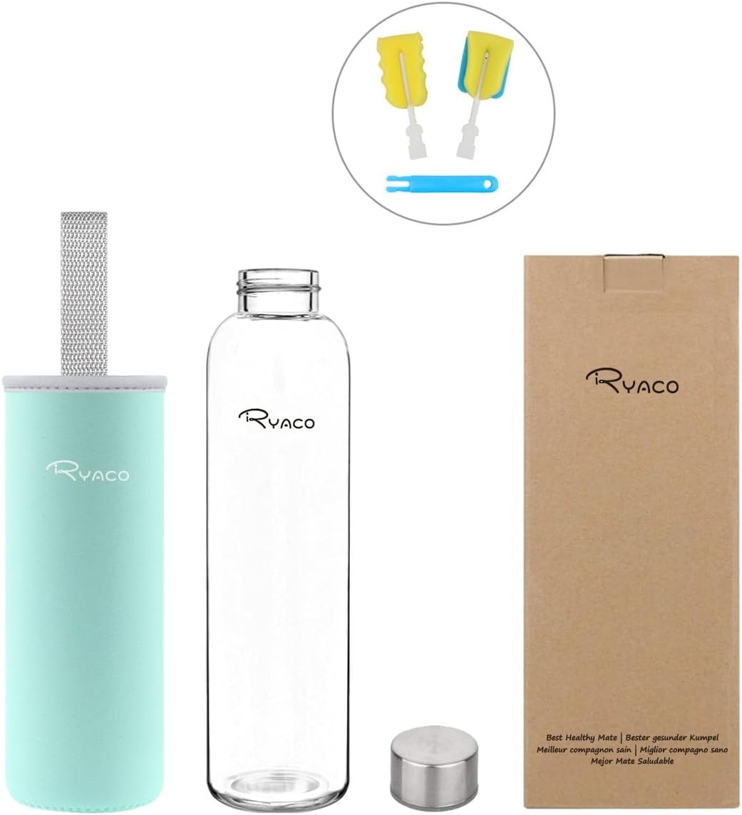 RYACO Klassieke glazen drinkfles 750ml / 25oz, mintgroen, BPA-vrij, met neopreen hoes en borstel
