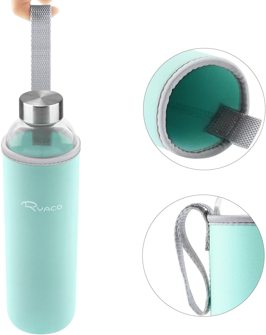 RYACO Klassieke glazen drinkfles 750ml / 25oz, mintgroen, BPA-vrij, met neopreen hoes en borstel