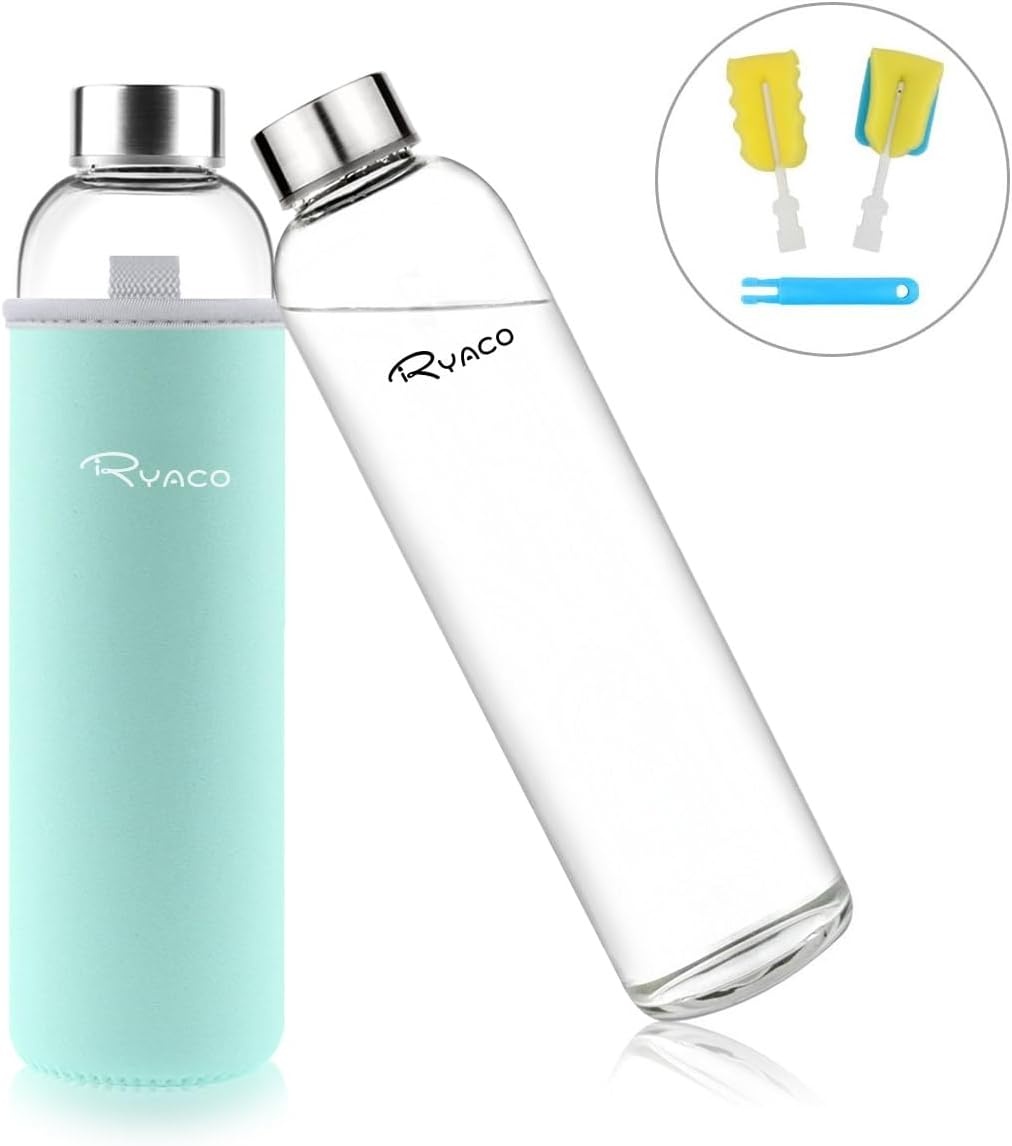 RYACO Klassieke glazen drinkfles 750ml / 25oz, mintgroen, BPA-vrij, met neopreen hoes en borstel