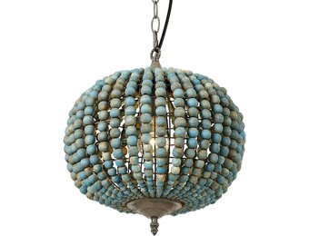 Newrays Retro Loft Vintage Rustieke Ronde Houten Kralen Hanglamp E27 Led Hanglamp Decor Lichten Modern voor Woonkamer Hotel Keuken (Globe Blauw)