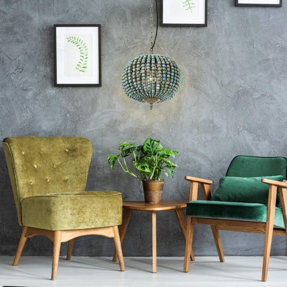Newrays Retro Loft Vintage Rustieke Ronde Houten Kralen Hanglamp E27 Led Hanglamp Decor Lichten Modern voor Woonkamer Hotel Keuken (Globe Blauw)