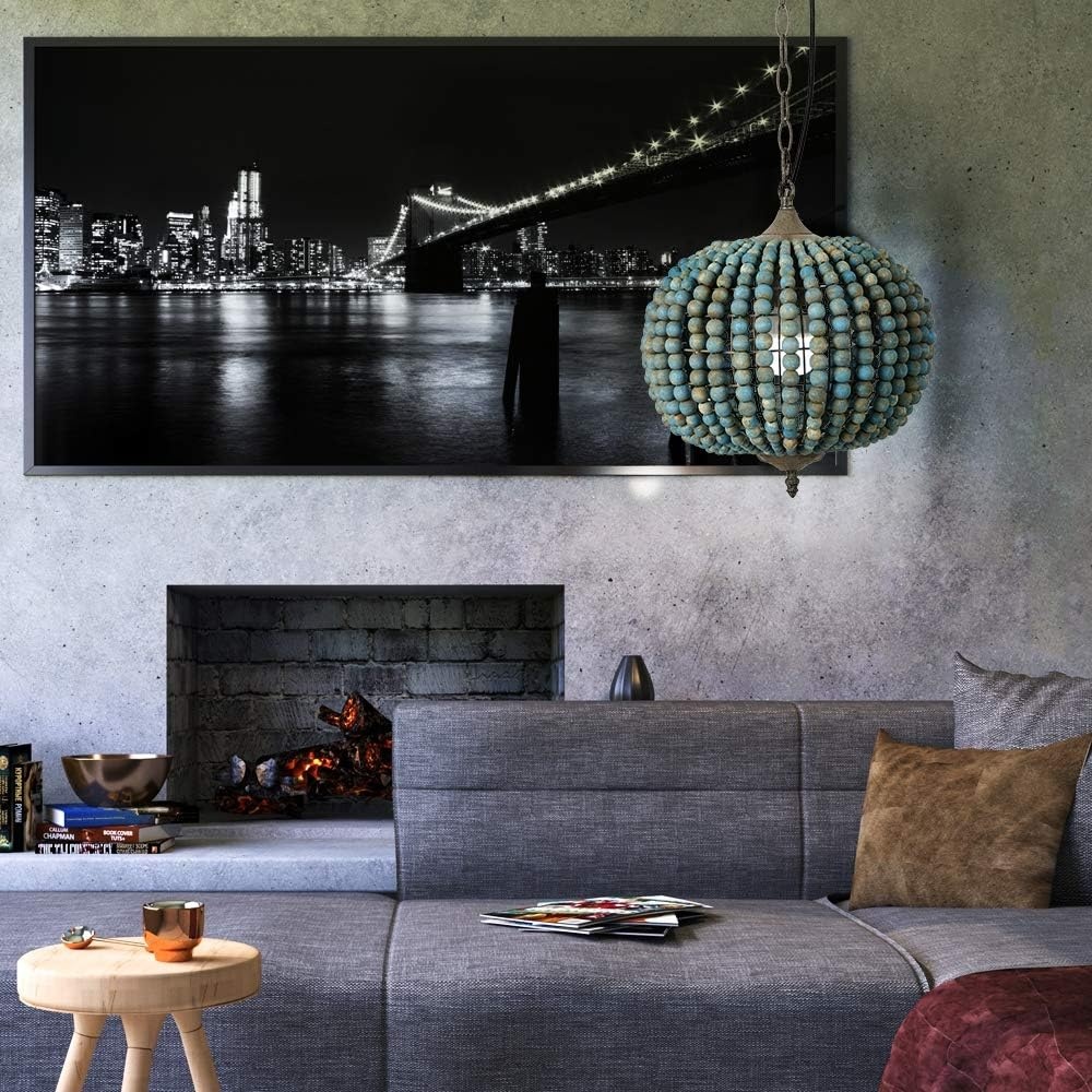 Newrays Retro Loft Vintage Rustieke Ronde Houten Kralen Hanglamp E27 Led Hanglamp Decor Lichten Modern voor Woonkamer Hotel Keuken (Globe Blauw)
