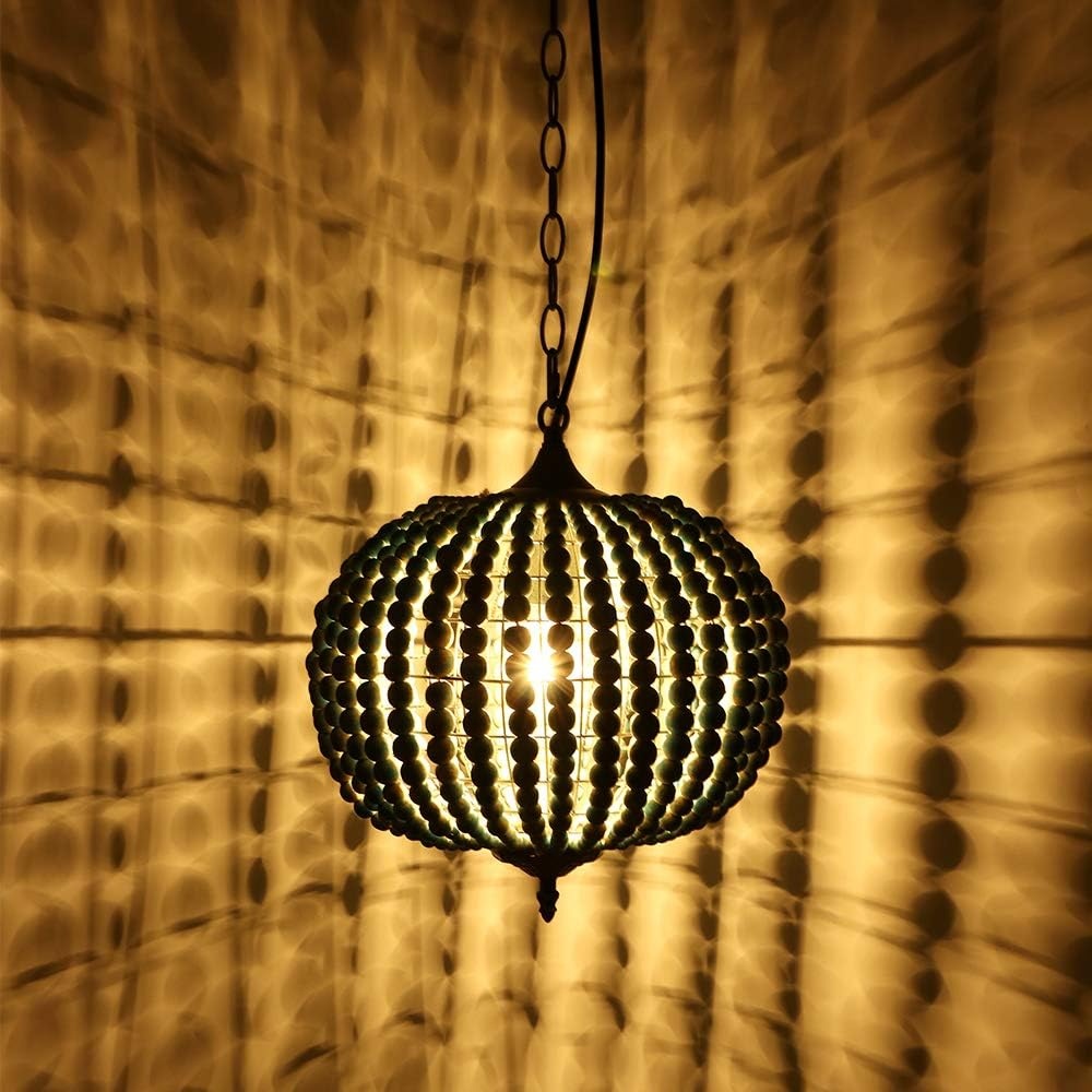 Newrays Retro Loft Vintage Rustieke Ronde Houten Kralen Hanglamp E27 Led Hanglamp Decor Lichten Modern voor Woonkamer Hotel Keuken (Globe Blauw)