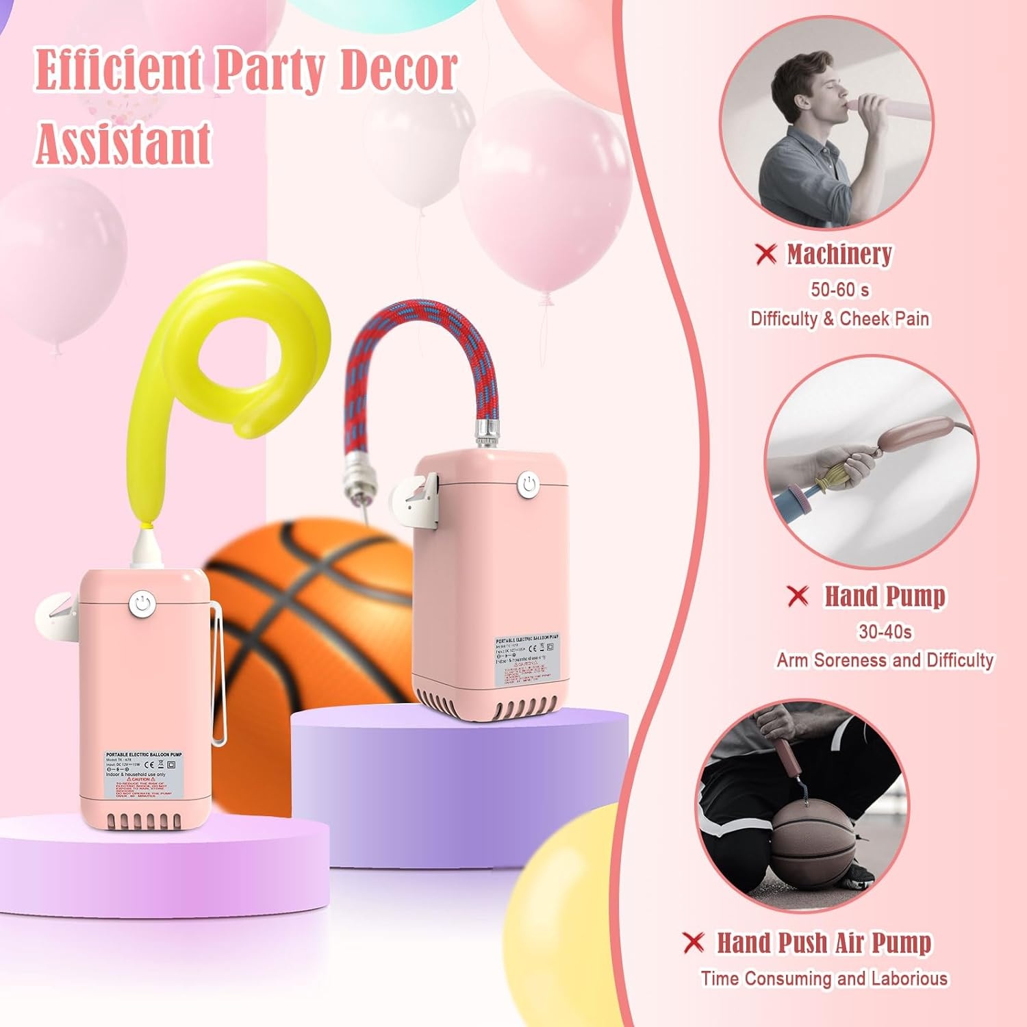 PlusFive Ballonpomp elektrisch voor lange ballonnen (roze)