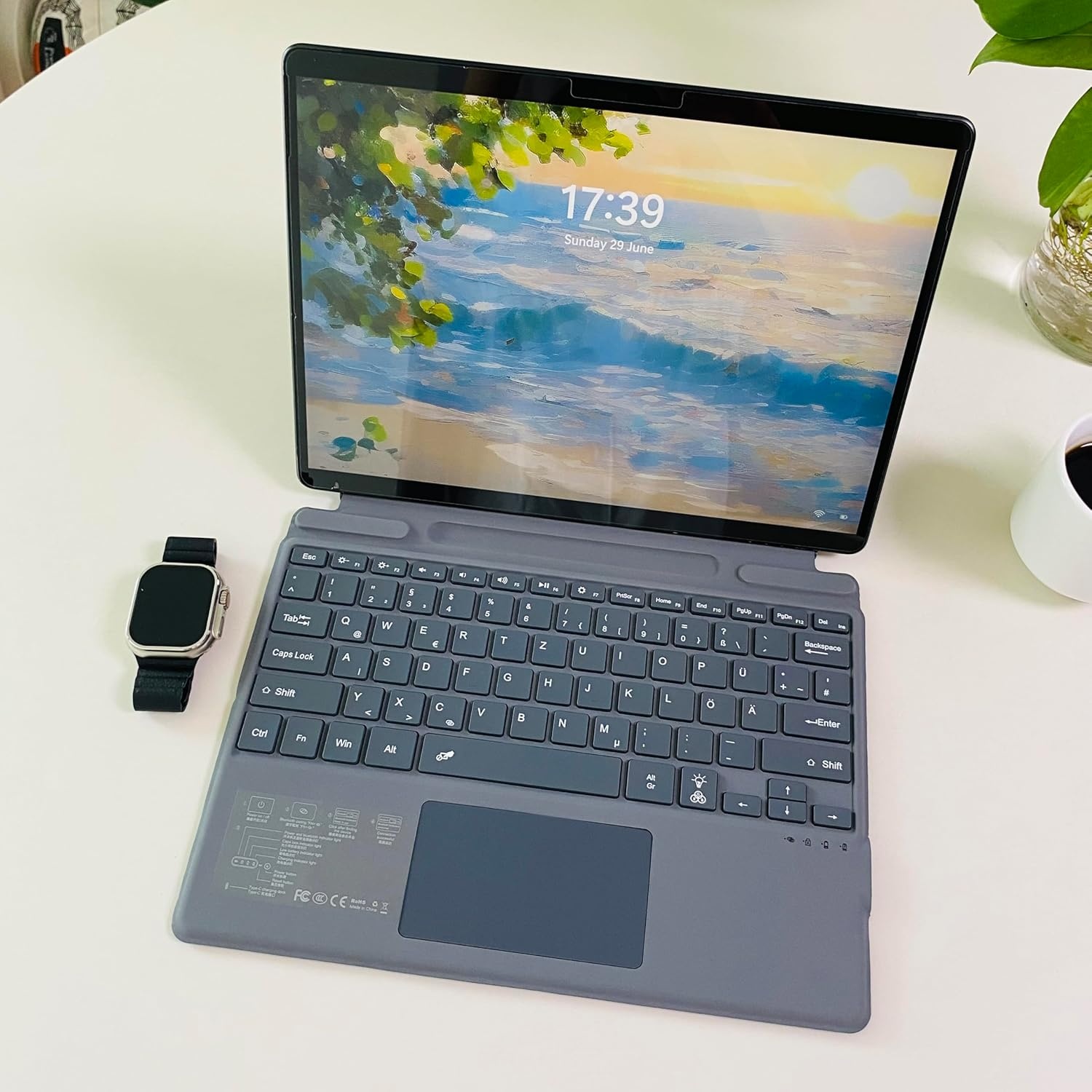 QWERTZ Duits Toetsenbord met Trackpad voor Microsoft Surface Pro (11/10/9/8/X), 13 Inch, Bluetooth, Verlicht (Grijs)