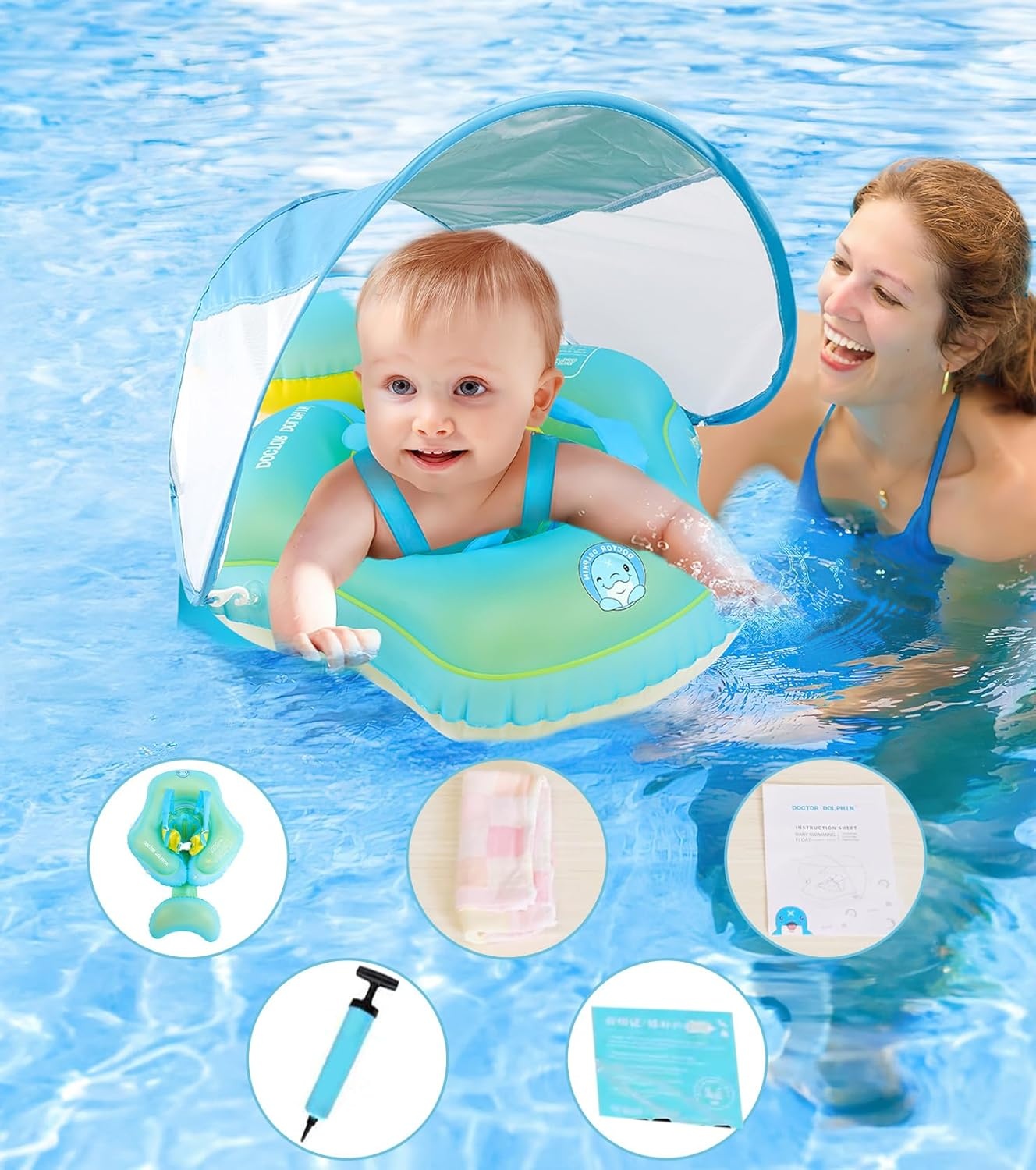 Zwemband Baby Sonnenda UPF50+ met Zonnedak & Afneembare Zwemhulp - 28% Korting