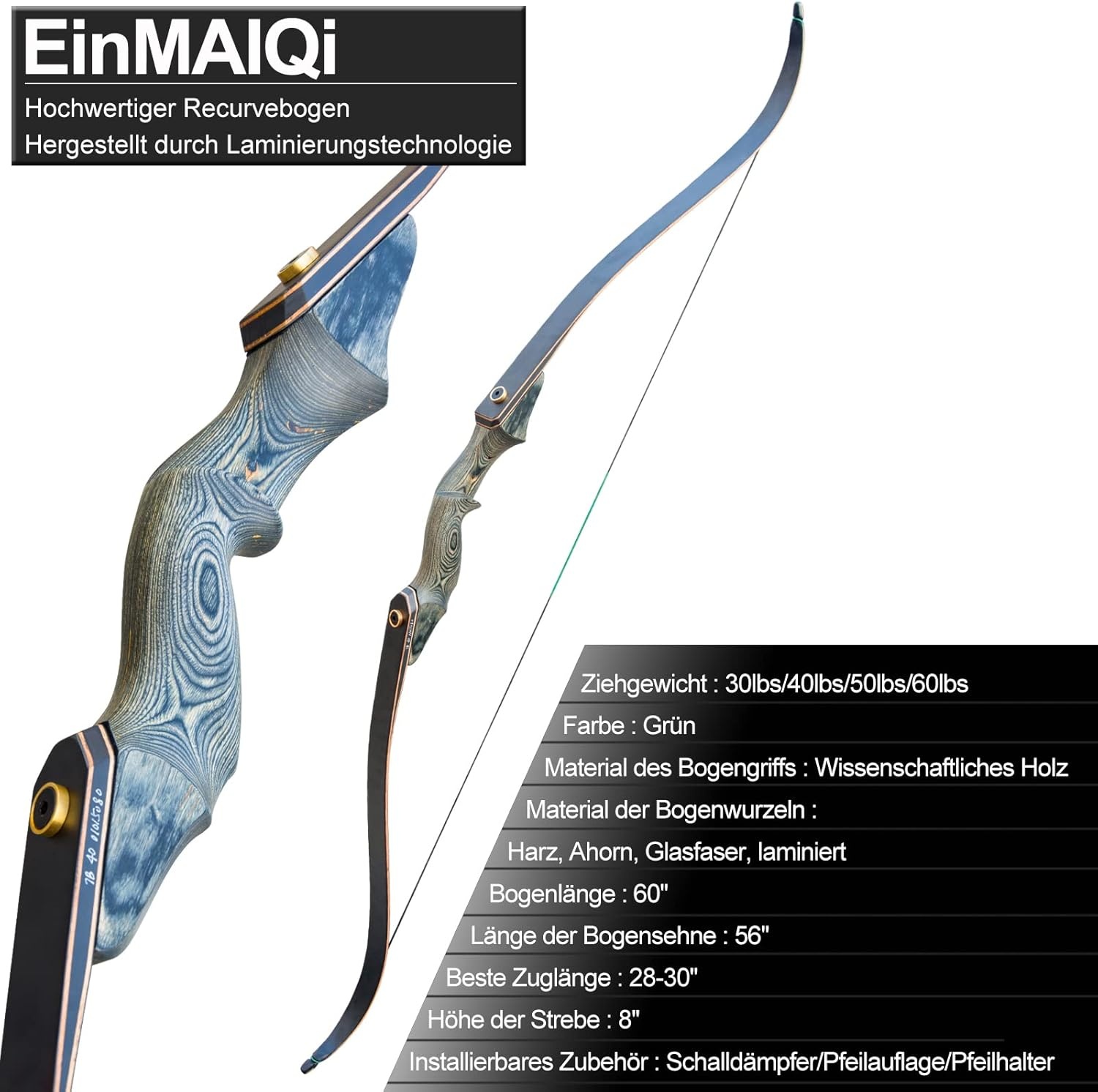 EinMAIQi Recurveboog Set 60 inch - 60 lb - Geschikt voor Rechtshandigen