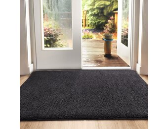 DEXI Deurmat 90 x 150 cm, antislip droogloopmat voor binnen en buiten, super absorberend entreetapijt, machinewasbaar, zachte vloermat, zwart-grijs