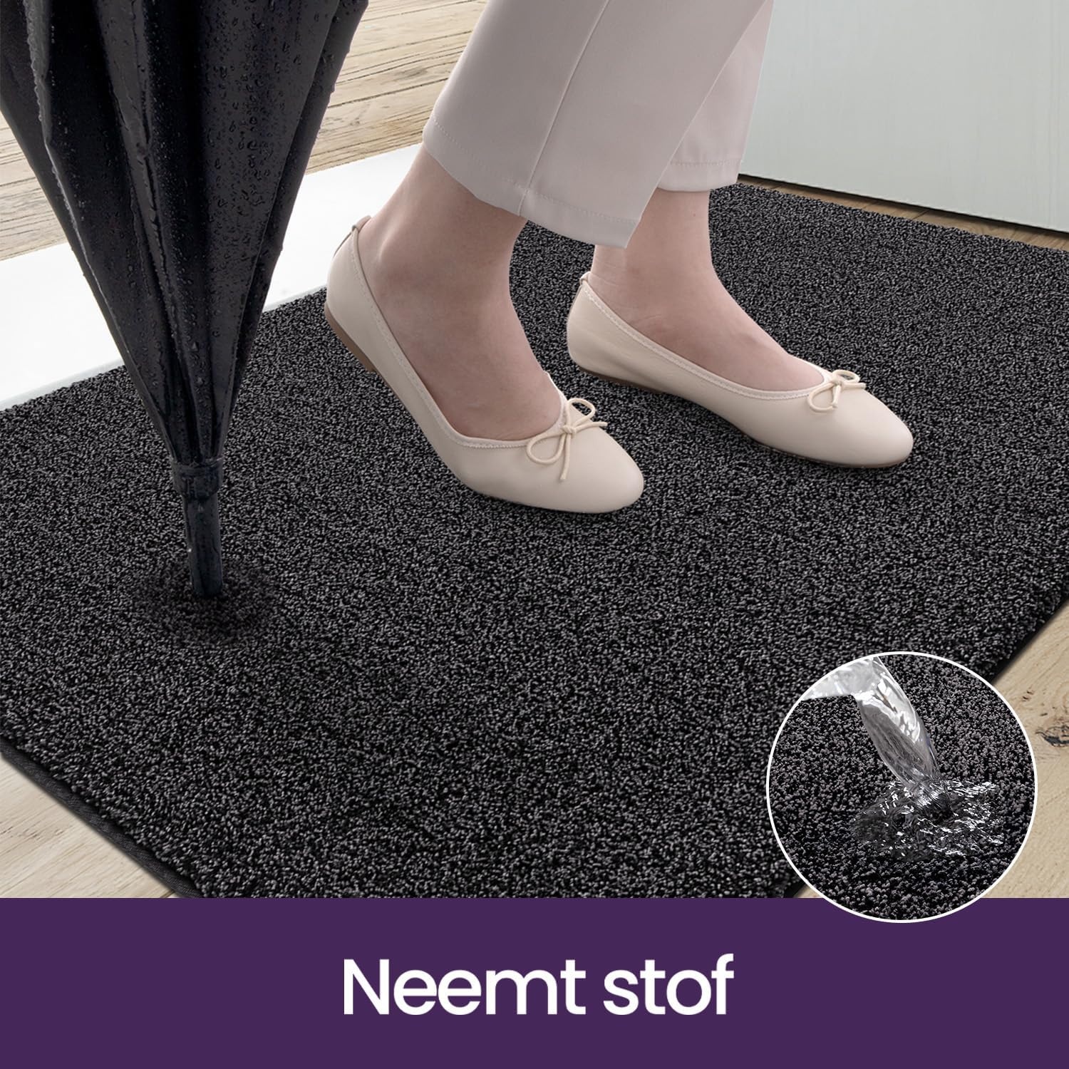 DEXI Deurmat 90 x 150 cm, antislip droogloopmat voor binnen en buiten, super absorberend entreetapijt, machinewasbaar, zachte vloermat, zwart-grijs
