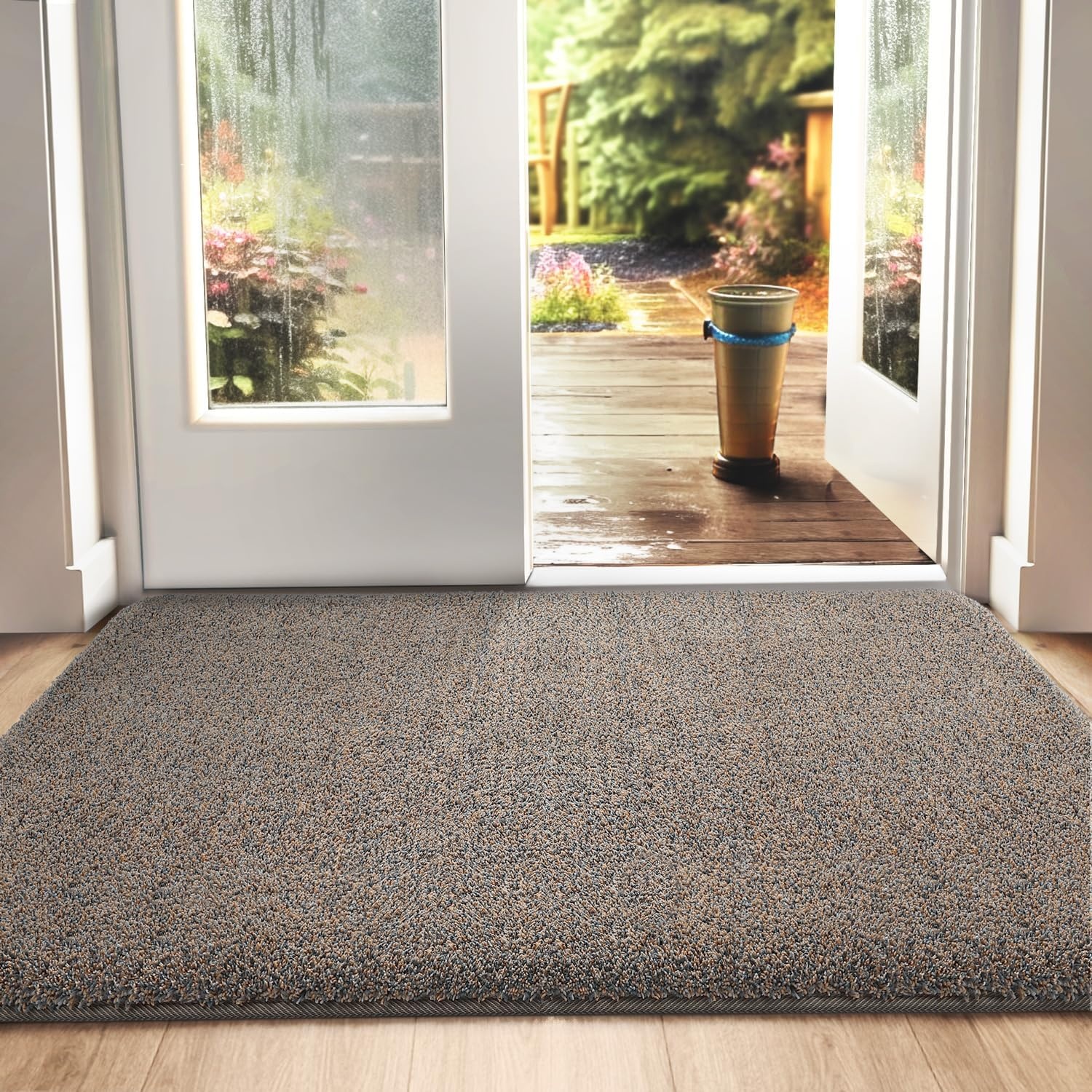 DEXI Deurmat 90 x 150 cm, antislip droogloopmat voor binnen en buiten, super absorberend entreetapijt, machinewasbaar, zachte vloermat, zwart-grijs