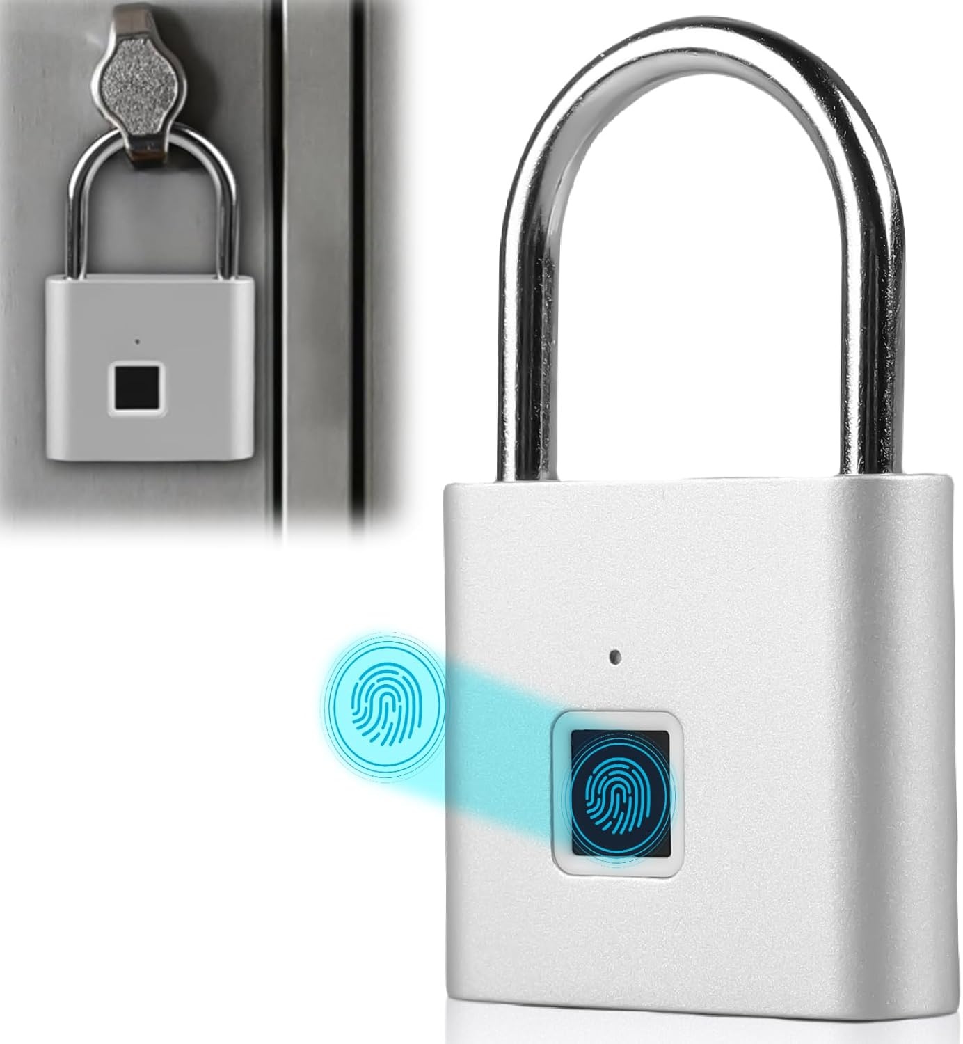 Molbory Vingerafdrukhangslot, waterdicht, USB-oplaadbaar, anti-vingerafdruk, hangslot voor sportschool, bagage, magazijn, kluisjes, zilver
