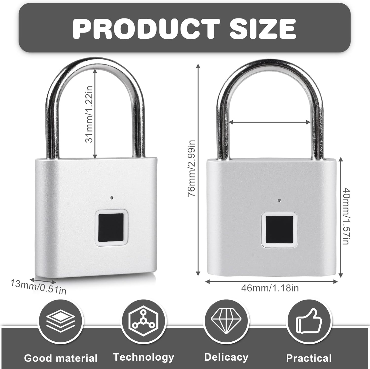 Molbory Vingerafdrukhangslot, waterdicht, USB-oplaadbaar, anti-vingerafdruk, hangslot voor sportschool, bagage, magazijn, kluisjes, zilver