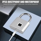 Molbory Vingerafdrukhangslot, waterdicht, USB-oplaadbaar, anti-vingerafdruk, hangslot voor sportschool, bagage, magazijn, kluisjes, zilver