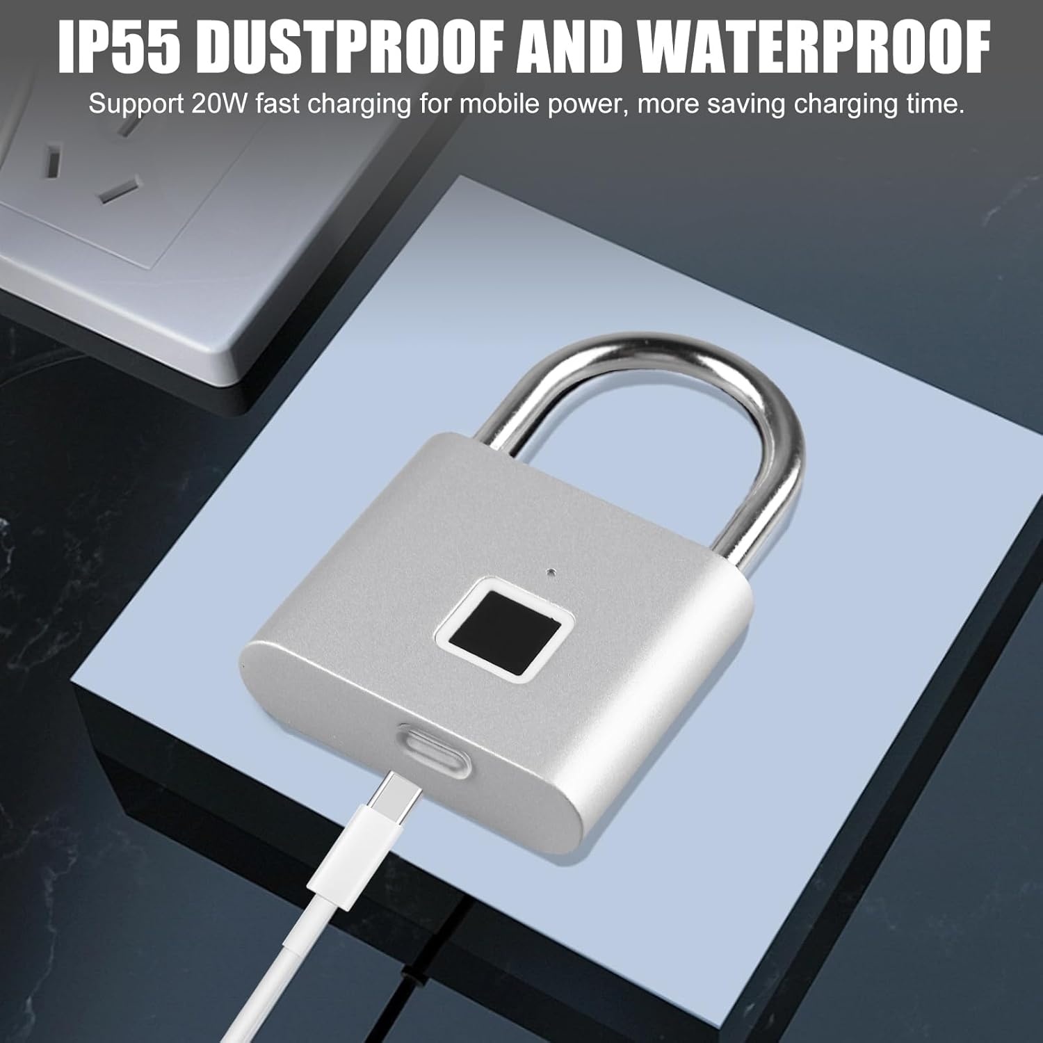 Molbory Vingerafdrukhangslot, waterdicht, USB-oplaadbaar, anti-vingerafdruk, hangslot voor sportschool, bagage, magazijn, kluisjes, zilver