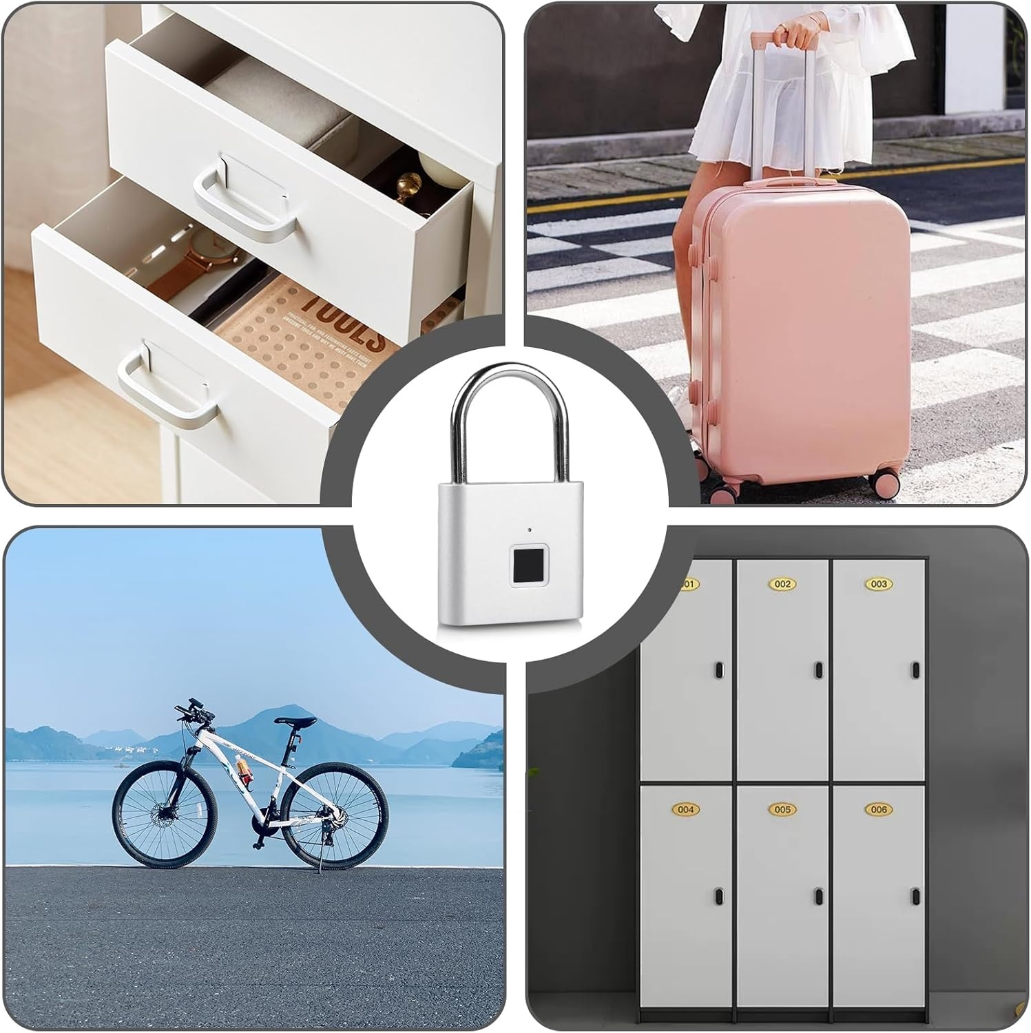 Molbory Vingerafdrukhangslot, waterdicht, USB-oplaadbaar, anti-vingerafdruk, hangslot voor sportschool, bagage, magazijn, kluisjes, zilver