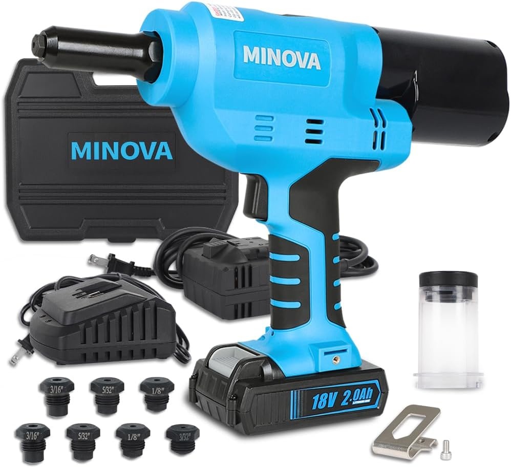 Minova Accu-blindklinkmoeren-set, draagbaar 18 V lithium-ion elektroautomatisch borstelloze blindklinknagelgereedschap voor klinknagels van 2,4 mm/3,2 mm/4,0 mm/4,8 mm (snoerd/draadloos)