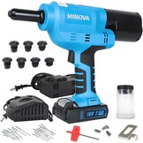 Minova Accu-blindklinkmoeren-set, draagbaar 18 V lithium-ion elektroautomatisch borstelloze blindklinknagelgereedschap voor klinknagels van 2,4 mm/3,2 mm/4,0 mm/4,8 mm (snoerd/draadloos)