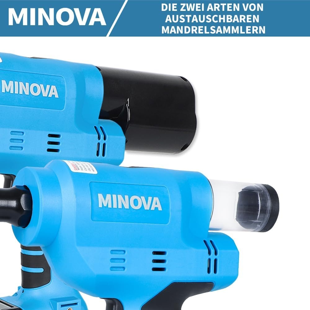 Minova Accu-blindklinkmoeren-set, draagbaar 18 V lithium-ion elektroautomatisch borstelloze blindklinknagelgereedschap voor klinknagels van 2,4 mm/3,2 mm/4,0 mm/4,8 mm (snoerd/draadloos)