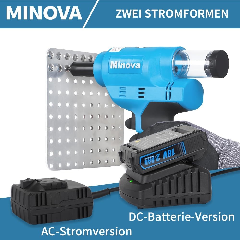 Minova Accu-blindklinkmoeren-set, draagbaar 18 V lithium-ion elektroautomatisch borstelloze blindklinknagelgereedschap voor klinknagels van 2,4 mm/3,2 mm/4,0 mm/4,8 mm (snoerd/draadloos)