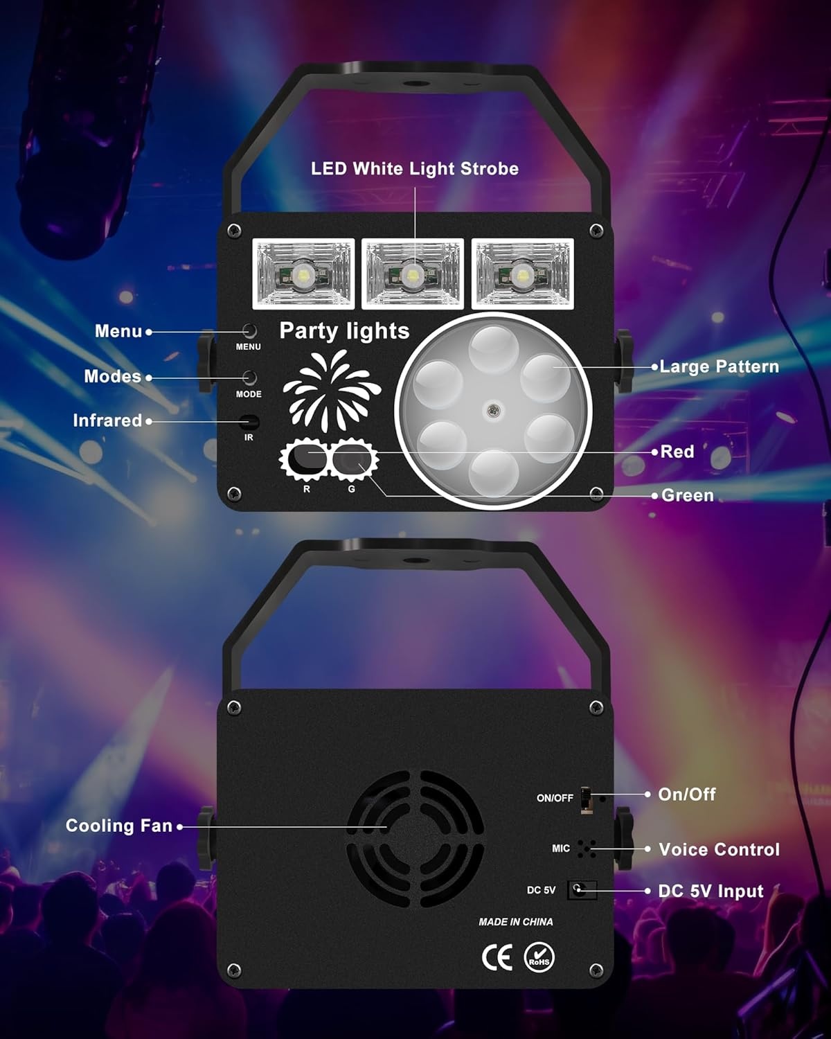 Nachtlichtspellen, discolichtspel, muziekgestuurd en stroboscoop, DJ-avondlichtspel met afstandsbediening, podiumlamp met USB-kabel voor Halloween, feest, Kerstmis
