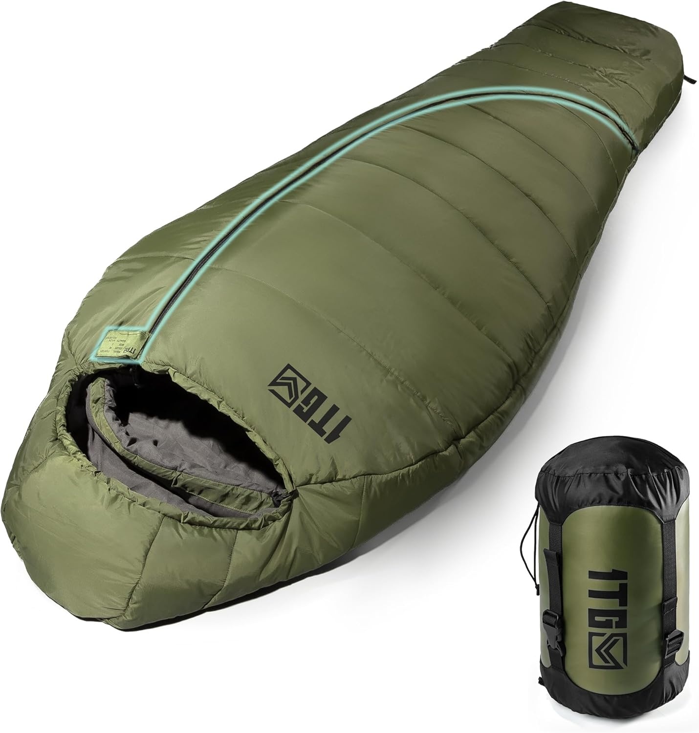 1TG Tactical 1 Persoon Ultralicht Mummy Slaapzak, Ranger Groen, 4 Seizoenen (-4 tot 2°C/26°F tot 36°F), 1,76 kg (3,88 lbs), Ideaal voor Outdoor Camping, Trekking, Reizen