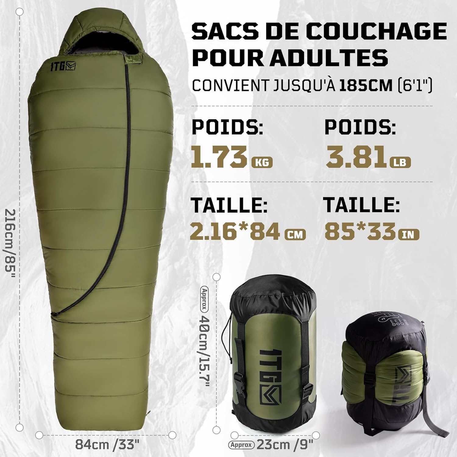1TG Tactical 1 Persoon Ultralicht Mummy Slaapzak, Ranger Groen, 4 Seizoenen (-4 tot 2°C/26°F tot 36°F), 1,76 kg (3,88 lbs), Ideaal voor Outdoor Camping, Trekking, Reizen