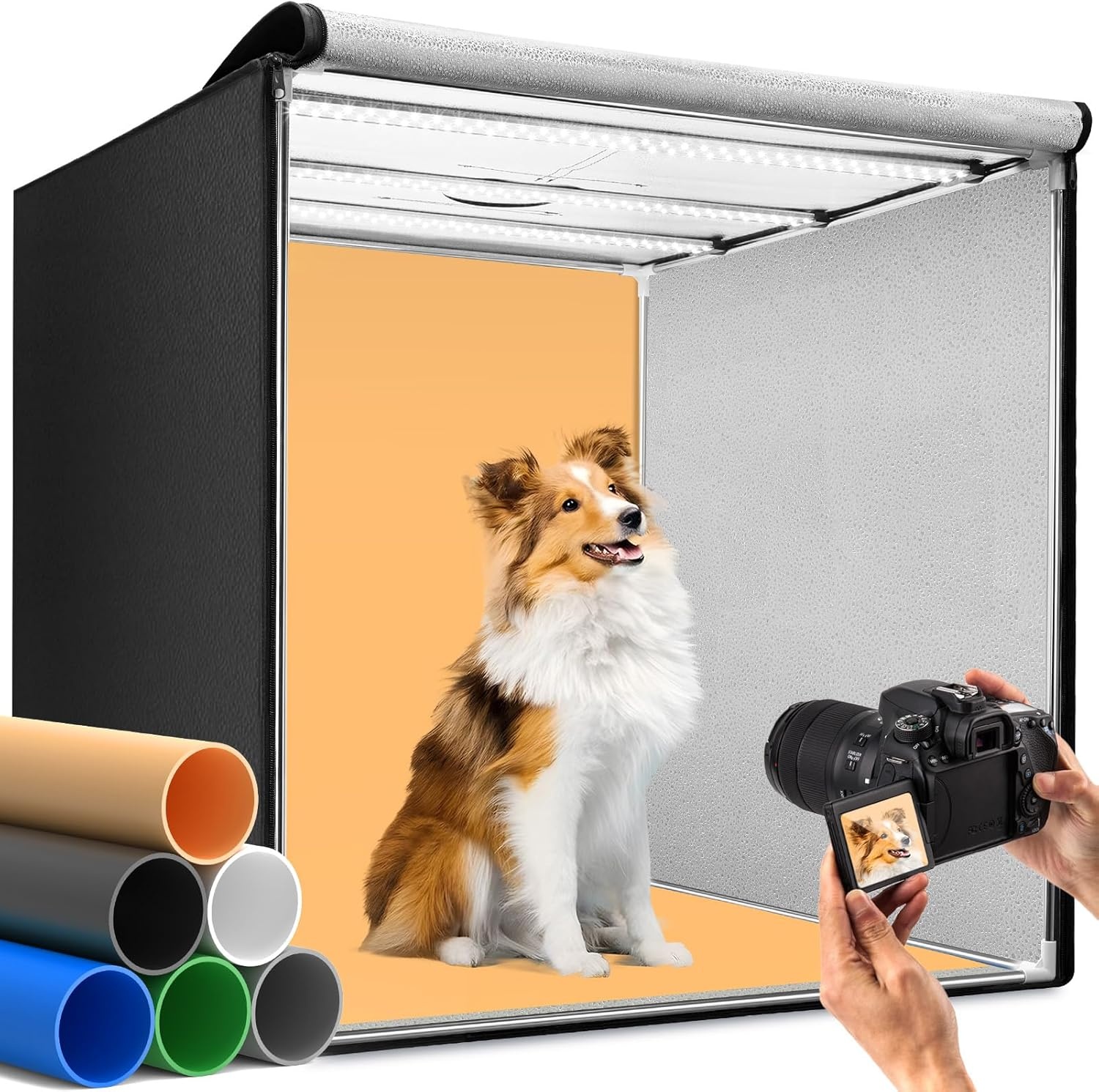 DUCLUS Fotobox 80 cm (32 inch), professionele opvouwbare fotostudioset met 3 verstelbare ledpanelen en 5600 K traploos dimbaar, 6 matte PP backdrops, lichttent voor grote productfotografie - Maat 80x80x80cm