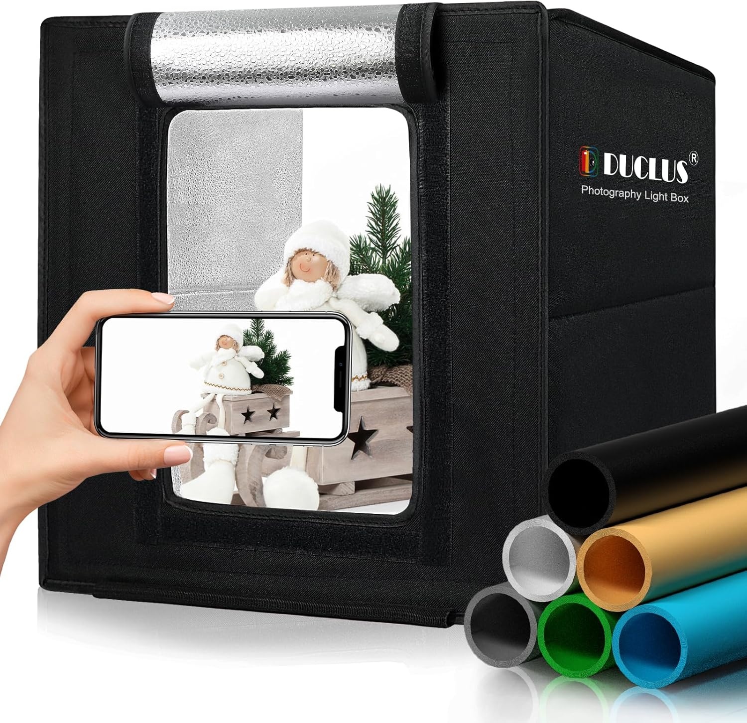 DUCLUS Fotobox 80 cm (32 inch), professionele opvouwbare fotostudioset met 3 verstelbare ledpanelen en 5600 K traploos dimbaar, 6 matte PP backdrops, lichttent voor grote productfotografie - Maat 80x80x80cm