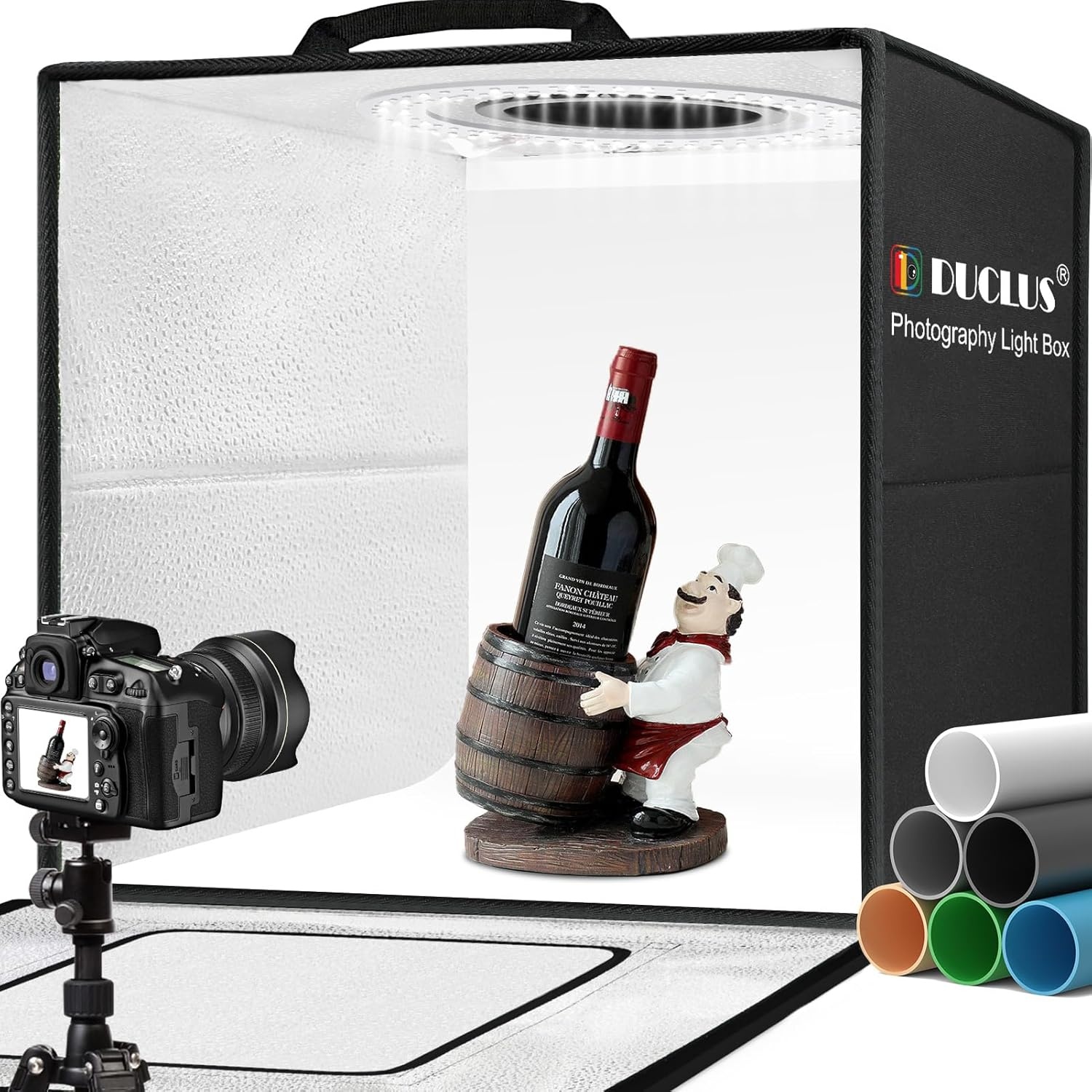 DUCLUS Fotobox 80 cm (32 inch), professionele opvouwbare fotostudioset met 3 verstelbare ledpanelen en 5600 K traploos dimbaar, 6 matte PP backdrops, lichttent voor grote productfotografie - Maat 80x80x80cm