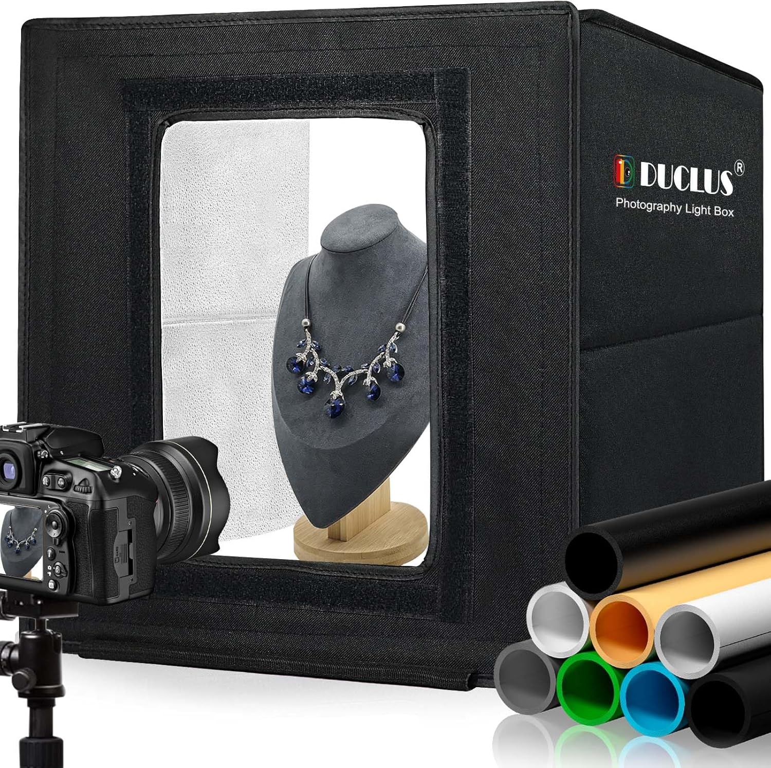 DUCLUS Fotobox 80 cm (32 inch), professionele opvouwbare fotostudioset met 3 verstelbare ledpanelen en 5600 K traploos dimbaar, 6 matte PP backdrops, lichttent voor grote productfotografie - Maat 80x80x80cm