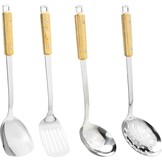 FJNATINH Wok spatel, schuimspaan, lepel en sleufspatelset, wok accessoireset van roestvrij staal, 4 stuks met handvat
