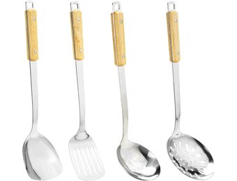 FJNATINH Wok spatel, schuimspaan, lepel en sleufspatelset, wok accessoireset van roestvrij staal, 4 stuks met handvat