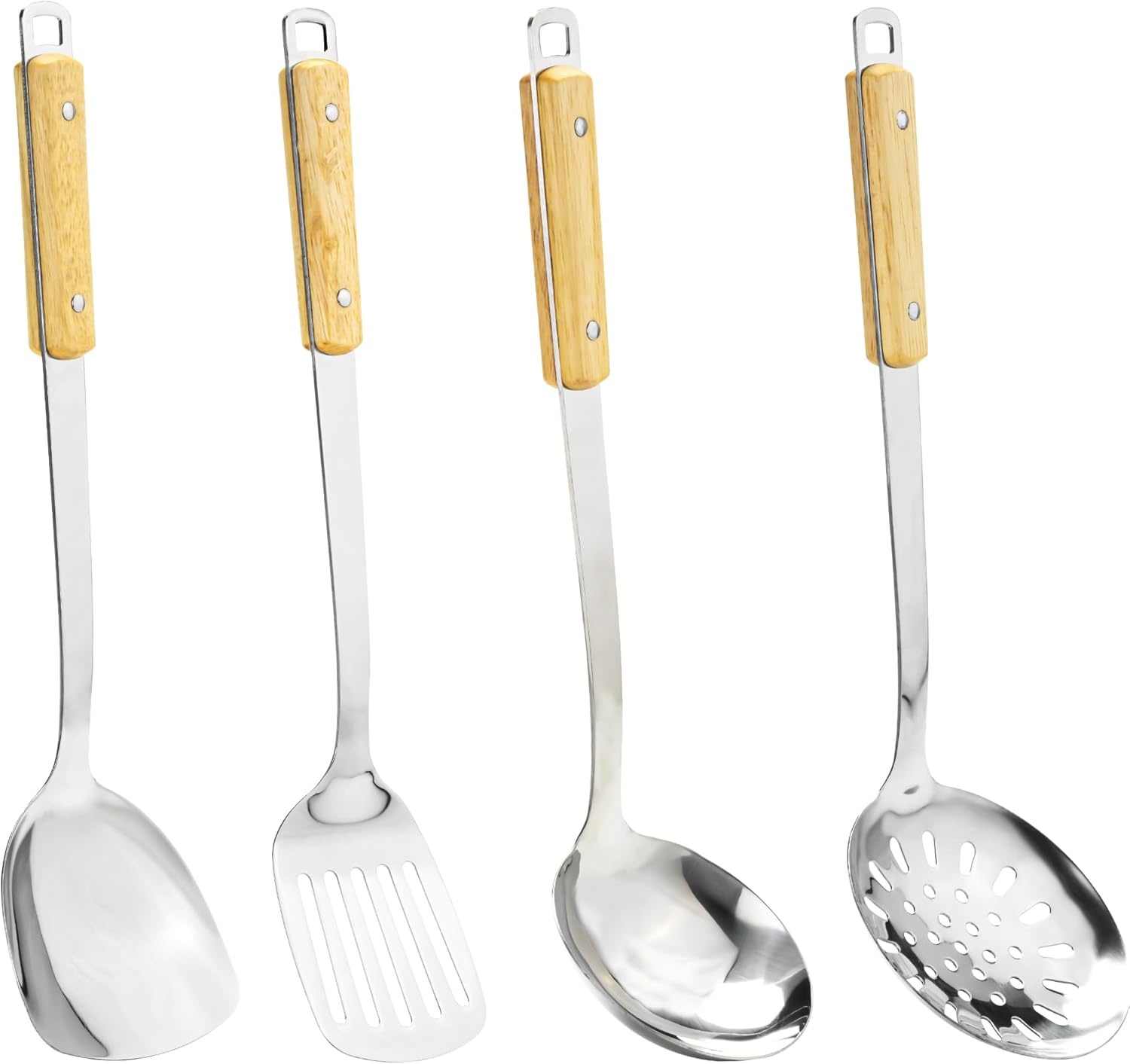 FJNATINH Wok spatel, schuimspaan, lepel en sleufspatelset, wok accessoireset van roestvrij staal, 4 stuks met handvat