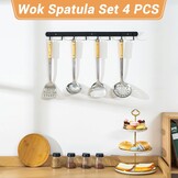 FJNATINH Wok spatel, schuimspaan, lepel en sleufspatelset, wok accessoireset van roestvrij staal, 4 stuks met handvat