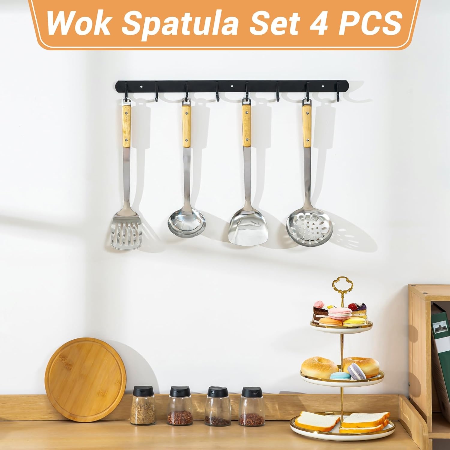 FJNATINH Wok spatel, schuimspaan, lepel en sleufspatelset, wok accessoireset van roestvrij staal, 4 stuks met handvat