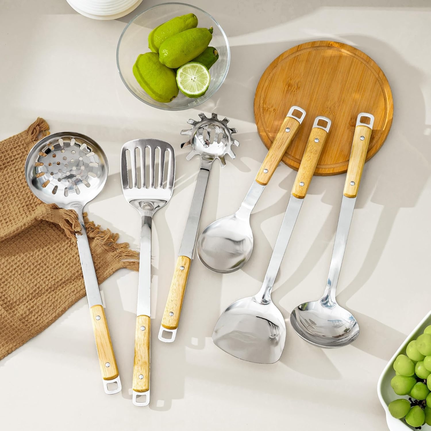 FJNATINH Wok spatel, schuimspaan, lepel en sleufspatelset, wok accessoireset van roestvrij staal, 4 stuks met handvat