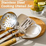 FJNATINH Wok spatel, schuimspaan, lepel en sleufspatelset, wok accessoireset van roestvrij staal, 4 stuks met handvat