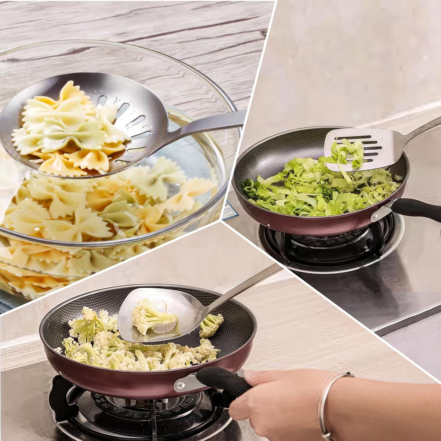 FJNATINH Wok spatel, schuimspaan, lepel en sleufspatelset, wok accessoireset van roestvrij staal, 4 stuks met handvat