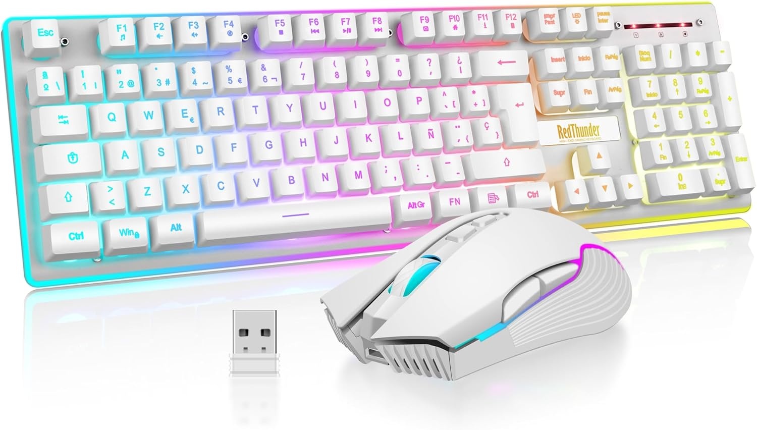RedThunder K10 Wireless Spanish Gaming Keyboard and Mouse, Rechargeable Battery 3800mAh and LED Backlight, Anti-ghosting Keyboard + 7D Mouse 3200DPI for PC Gamer (White)