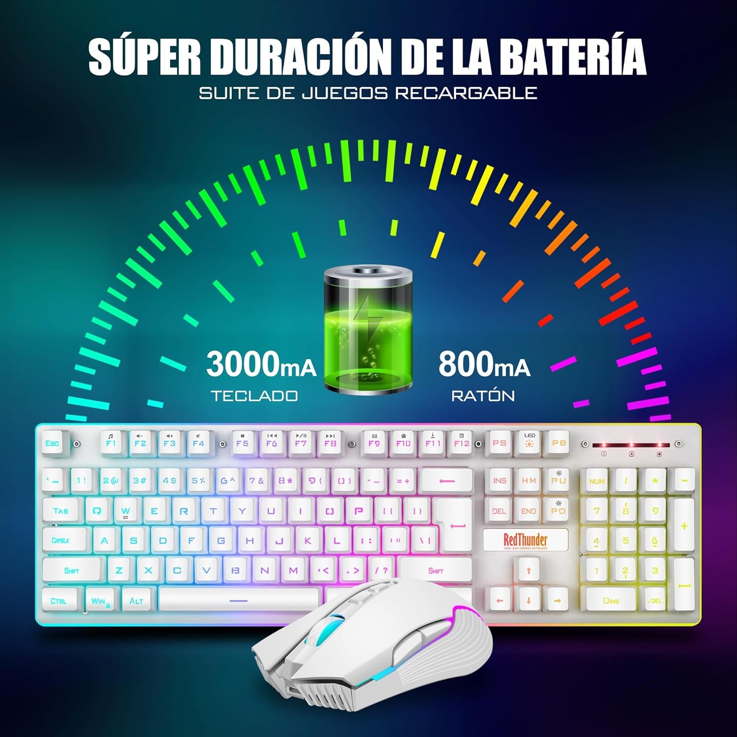 RedThunder K10 Wireless Spanish Gaming Keyboard and Mouse, Rechargeable Battery 3800mAh and LED Backlight, Anti-ghosting Keyboard + 7D Mouse 3200DPI for PC Gamer (White)