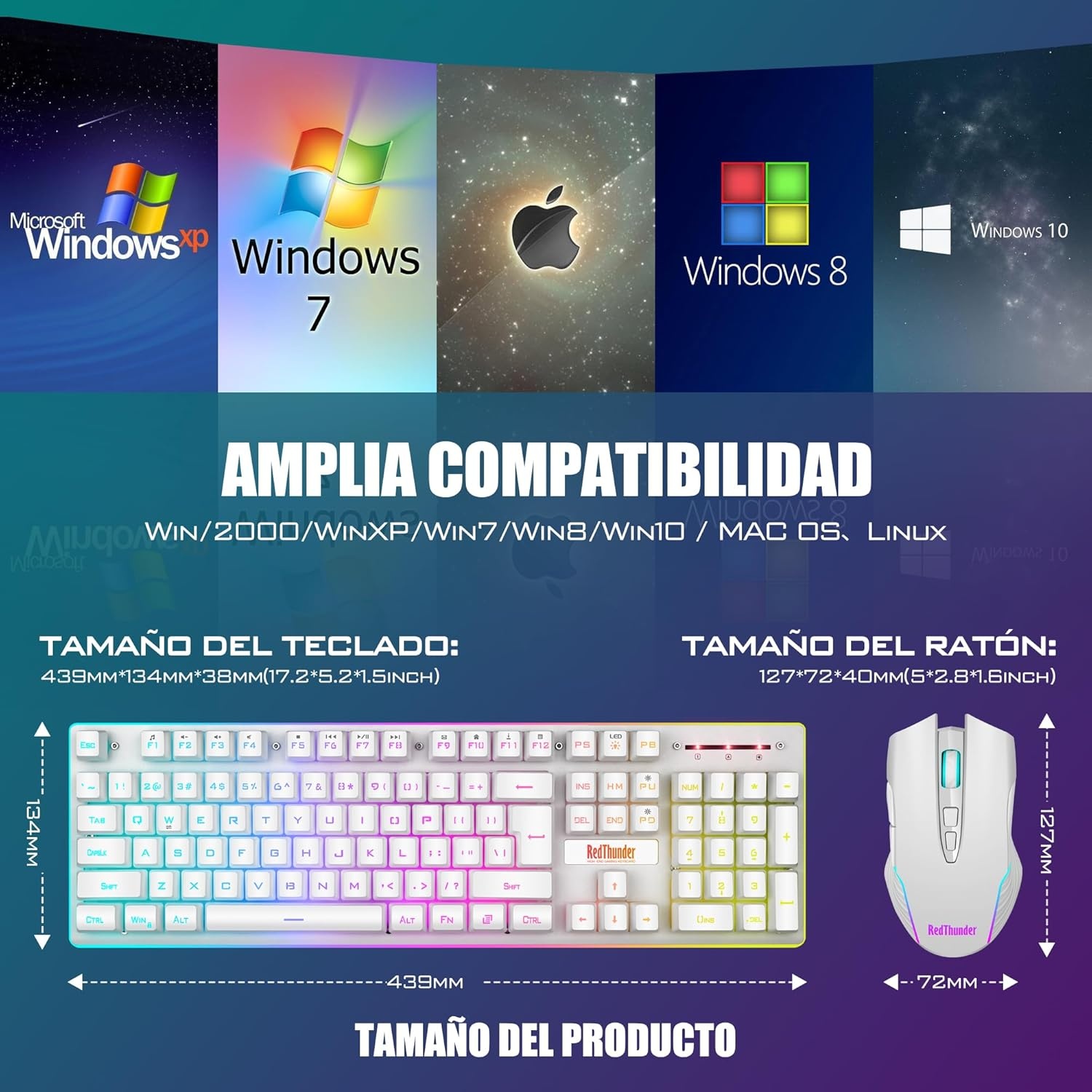 RedThunder K10 Wireless Spanish Gaming Keyboard and Mouse, Rechargeable Battery 3800mAh and LED Backlight, Anti-ghosting Keyboard + 7D Mouse 3200DPI for PC Gamer (White)