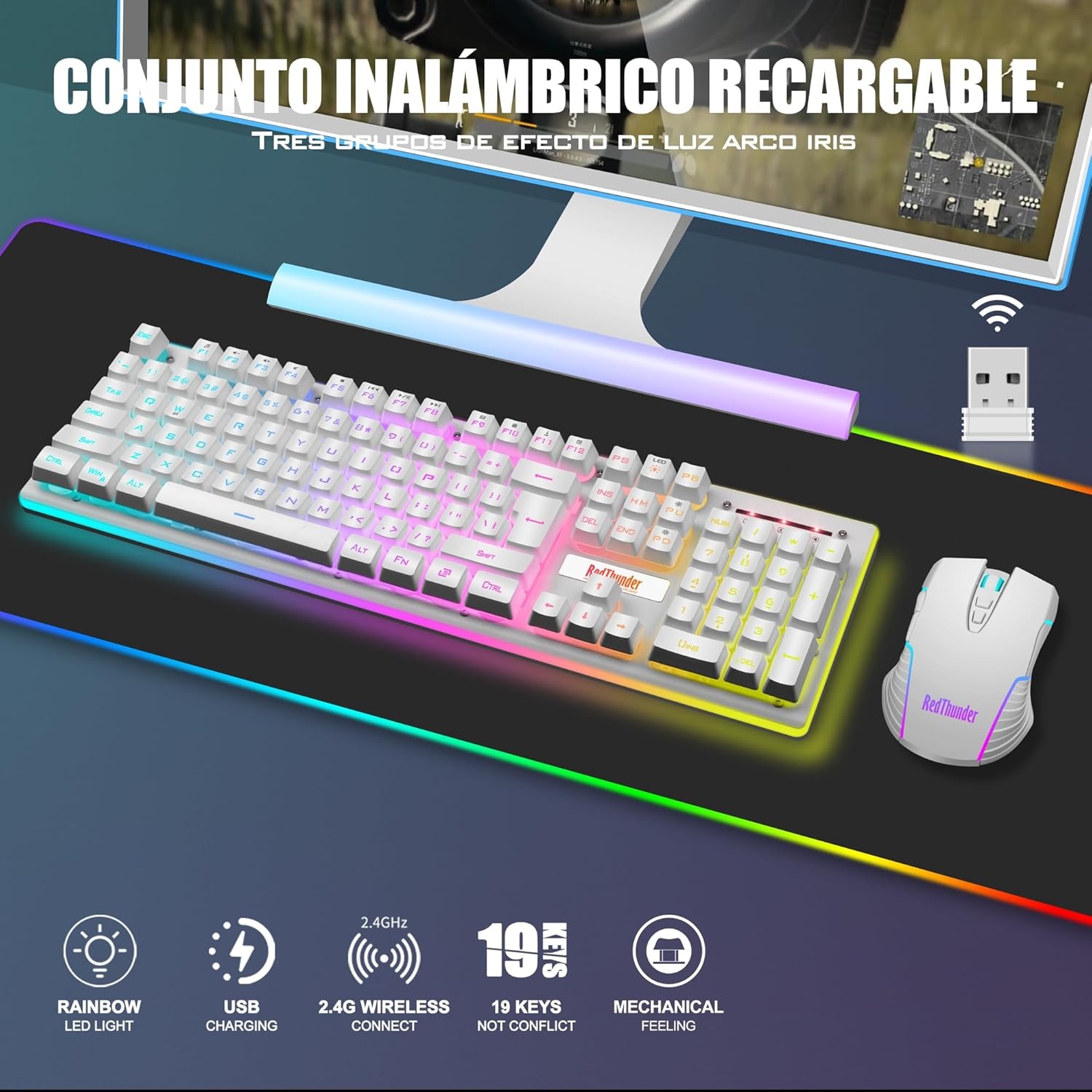 RedThunder K10 Wireless Spanish Gaming Keyboard and Mouse, Rechargeable Battery 3800mAh and LED Backlight, Anti-ghosting Keyboard + 7D Mouse 3200DPI for PC Gamer (White)