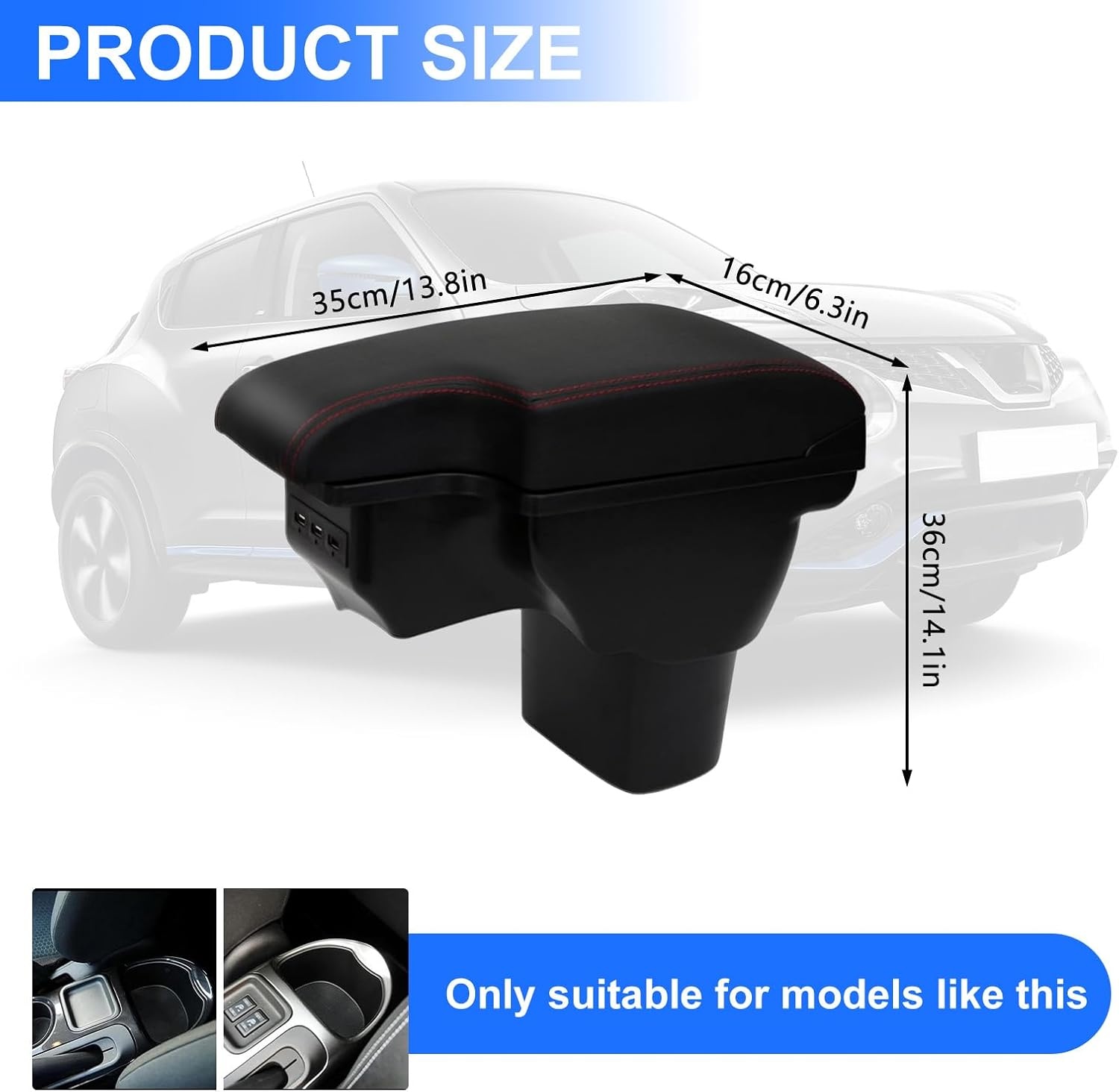 Armleuningbox, compatibel met Nissan Juke/Infiniti ESQ 2011-2019, middenarmsteun, dubbellaags, auto-opbergdoos met 3 USB, zwart leer met rode lijnen